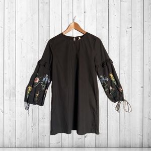 Black Ruffle Embroidered Flowers Sleeve Balloon Style Mini Dress